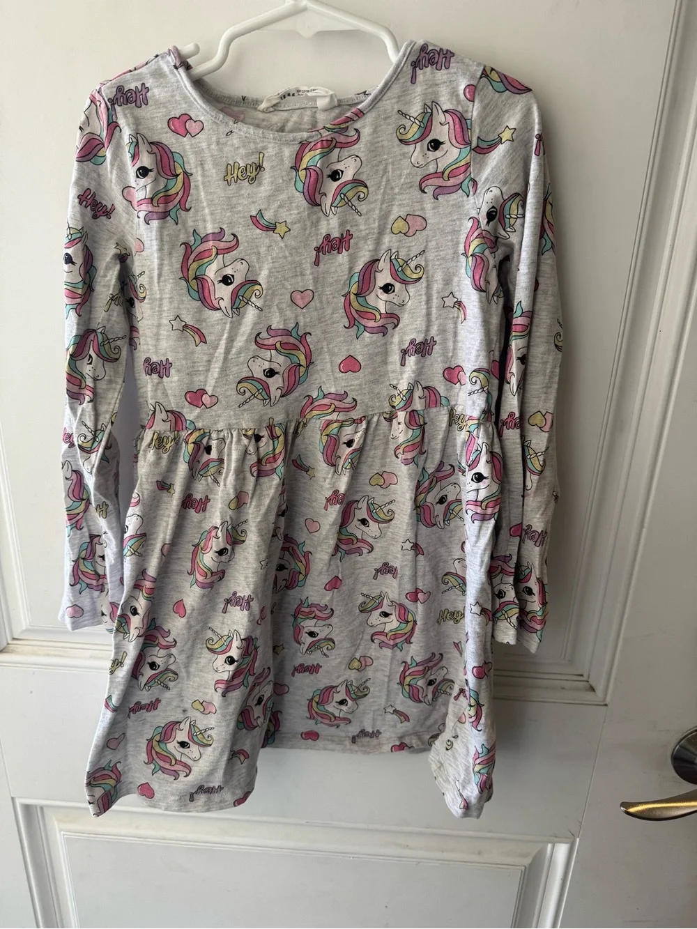 H&M Gray Unicorn Print Long Sleeve Dress with Rainbow Accents